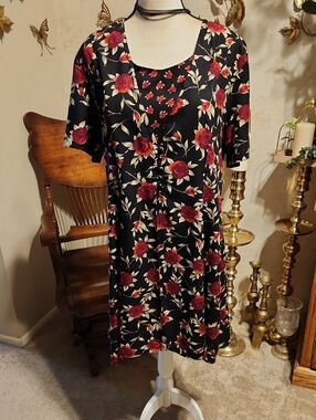 Coco Bianco Black Midi Dress with Red Rose Print